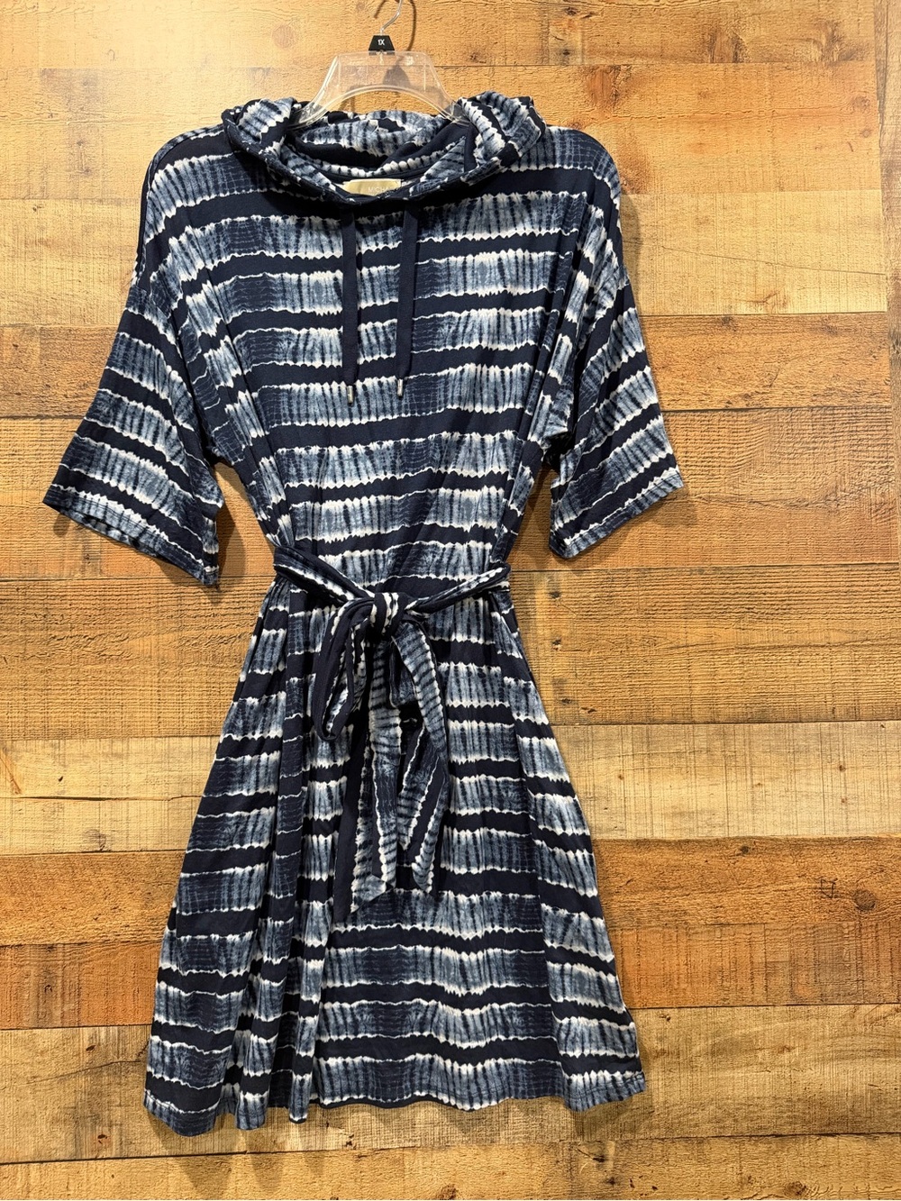 Michael Kors Navy & White Tie-Dye Hooded Belted Knee Length Dress Size 2X